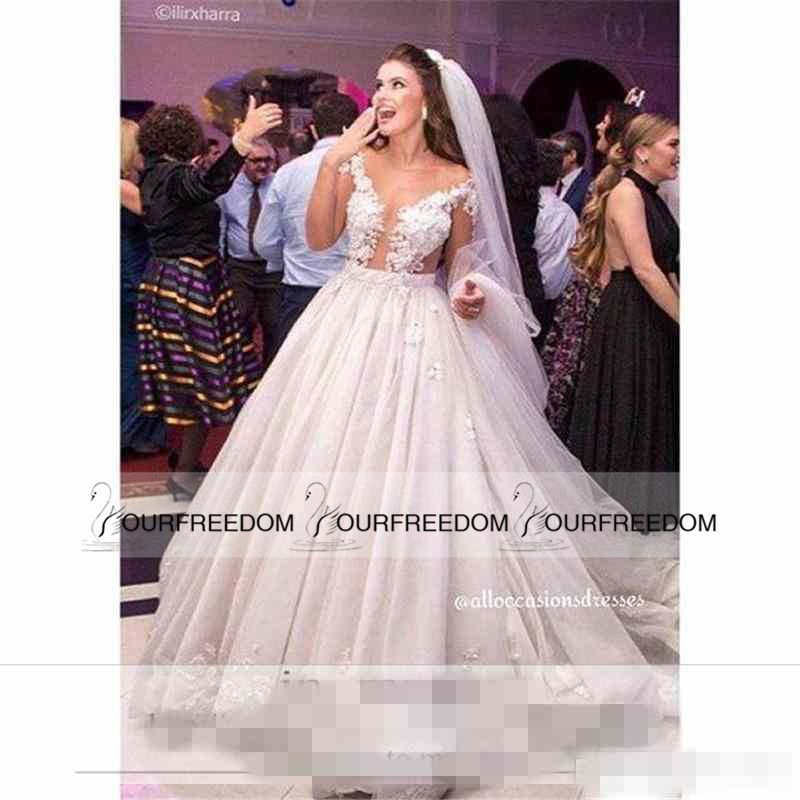 Acheter Princesse Royale Italie Style Une Ligne Robes De Mariée 2019 New Illusion Corsage 3d Flora Appliques Dubaï église Arabe Robe De Mariée Sur