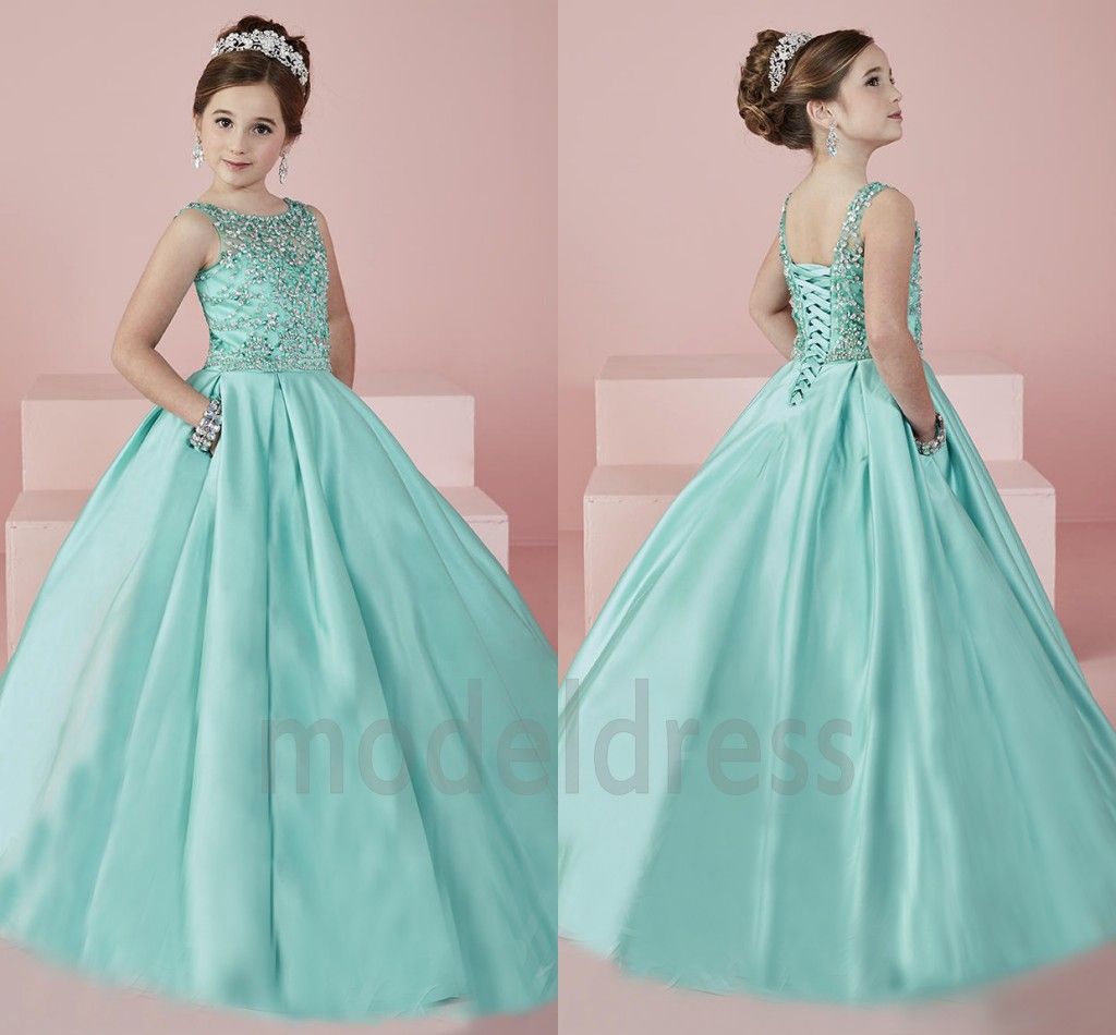 New Shinning Girl's Pageant Dresses 2019 Sheer Neck Beaded Crystal Satin Mint Green Flower Girl Gowns Formal Party Dress For Teens Kids