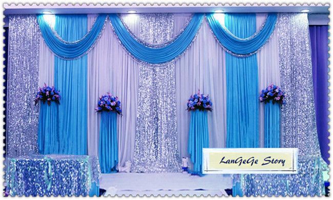 2019 White Back Curtains With Turquoise Swags And Silver Sequin