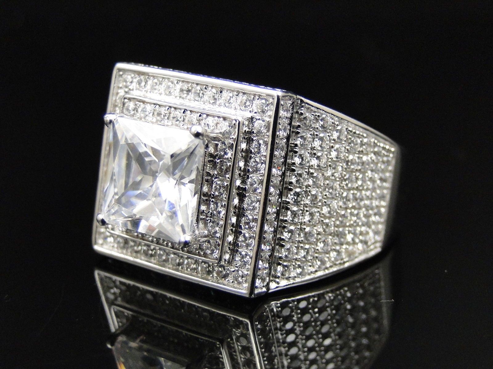 2021 Mens Iced Out 3d XL Princess Cut Simulated Lab Diamond Pinky Ring