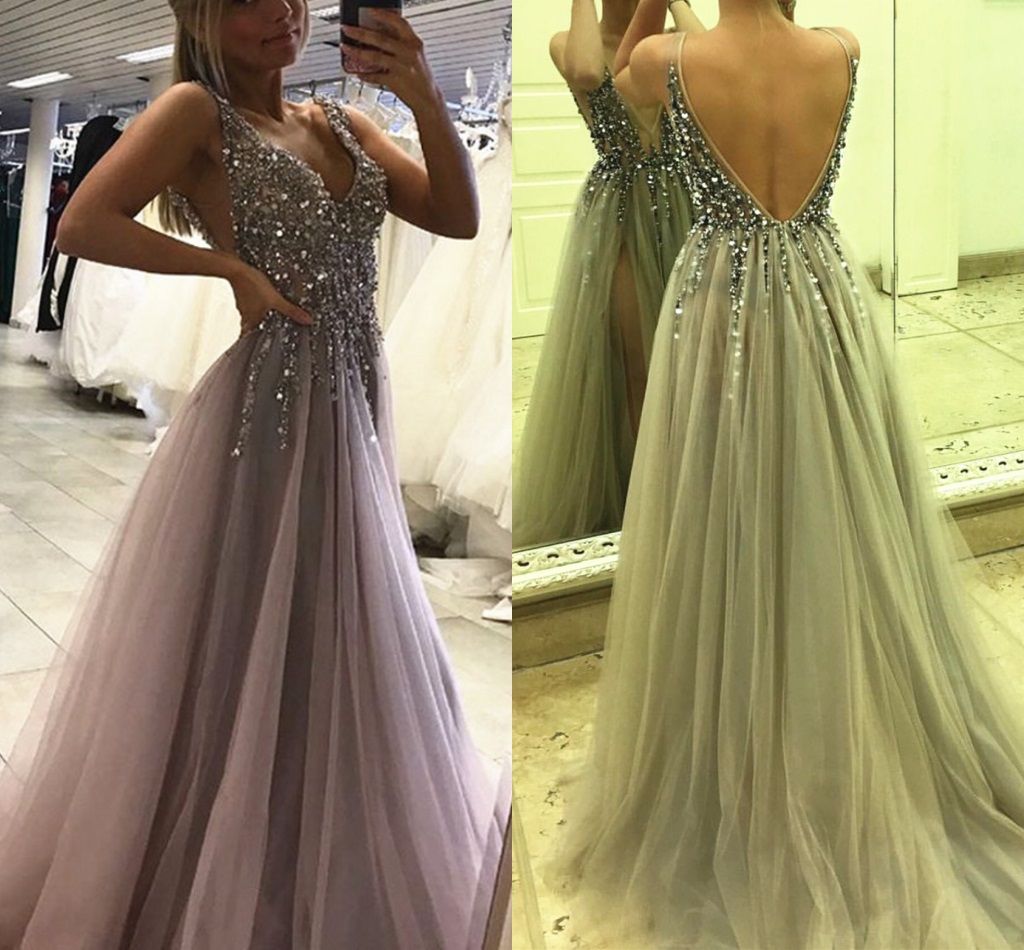 grey chiffon sparkly beaded prom dress