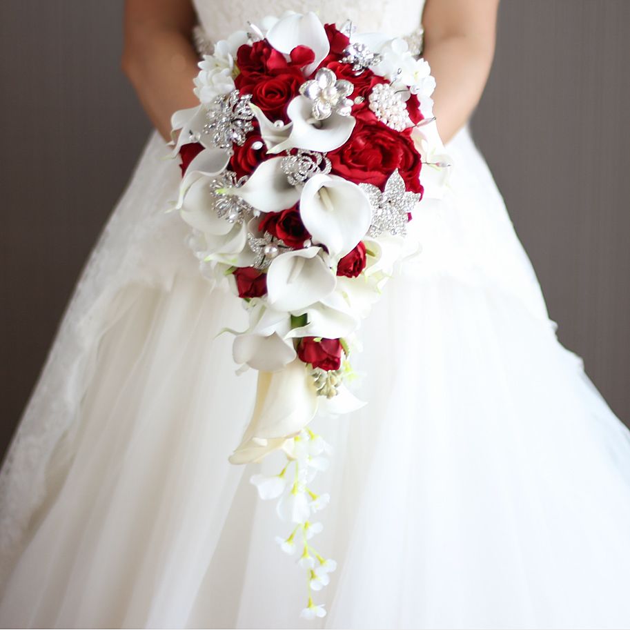 Handmade Bride Black White Flowers SILK Wedding Bridal Bouquets Brooch Crystal 