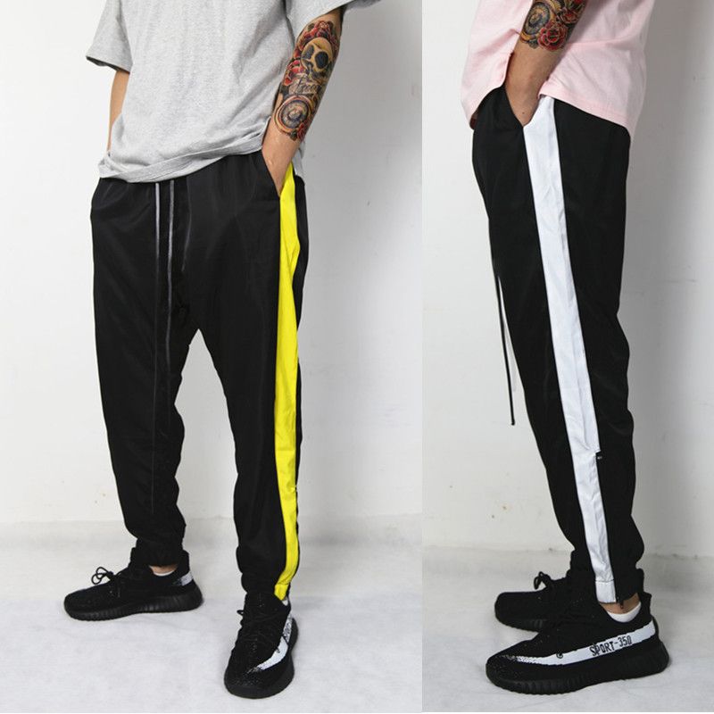 Fieer Mens Elastic Waist Splicing Pocket Striped Zipper Jogger Pants