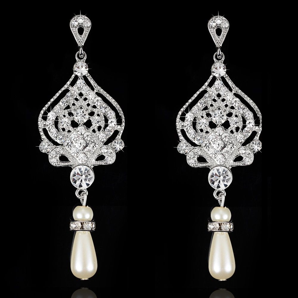 2018 Vintage Style Long Clear Crystal Rhinestone Pearl Chandelier Vintage Style Long Clear Crystal Rhinestone Pearl Chandelier Earrings Silver Swirl Open Work Statement Bridal Jewelry