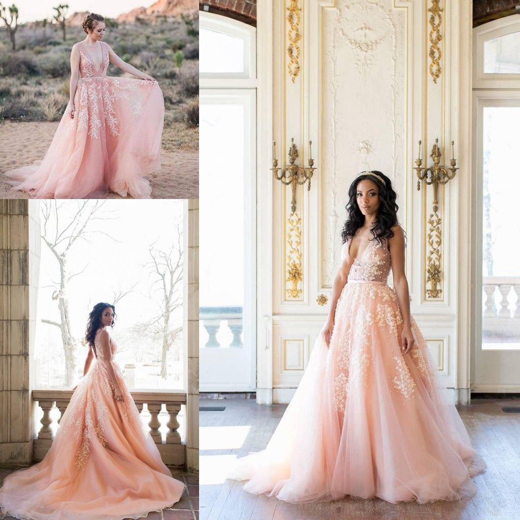 pink dress beach wedding