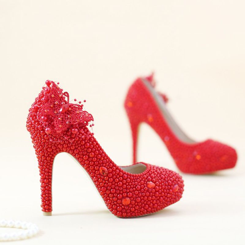 Wedding Shoes Handmade Red Pearl High Heels Lace Butterfly Women