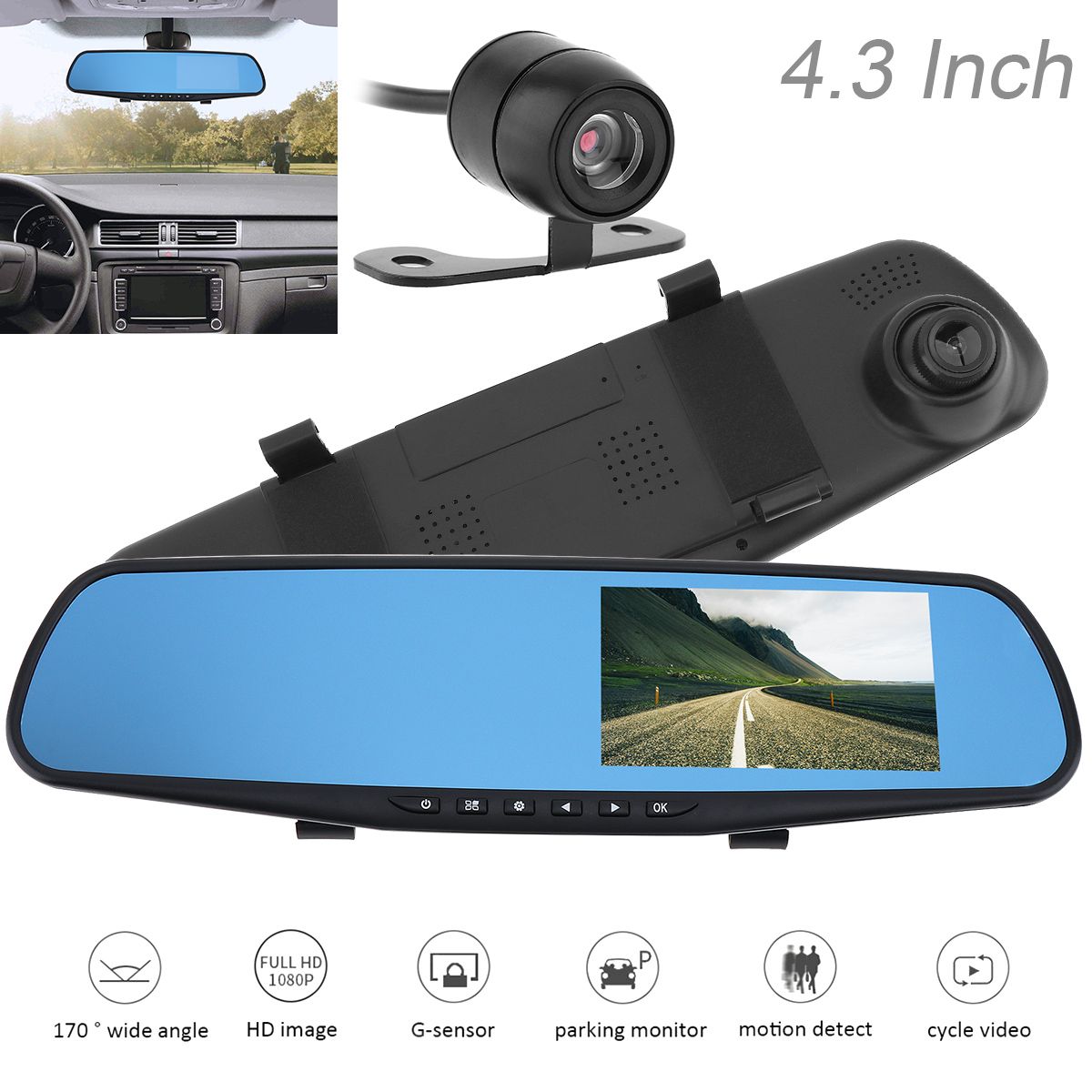 4.3” HD 1080P Vue double objectif Rétroviseur intérieur voiture