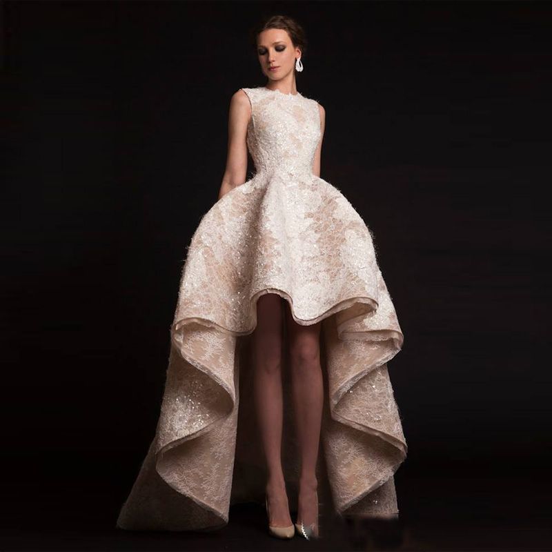 우아한 Hi-Lo 레이스 댄스 파티 드레스 보석 민소매 Ruffle 이브닝 가운 2017 새로운 패션 홈 커밍 드레스 맞춤 제작