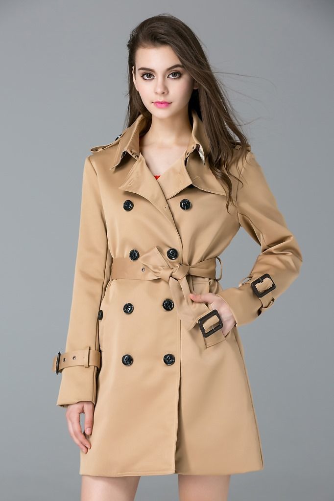 Gabardinas de mujer abrigos cruzados de color caqui de doble de las mujeres Ropa delgada Otoño invierno estilo americano europeo