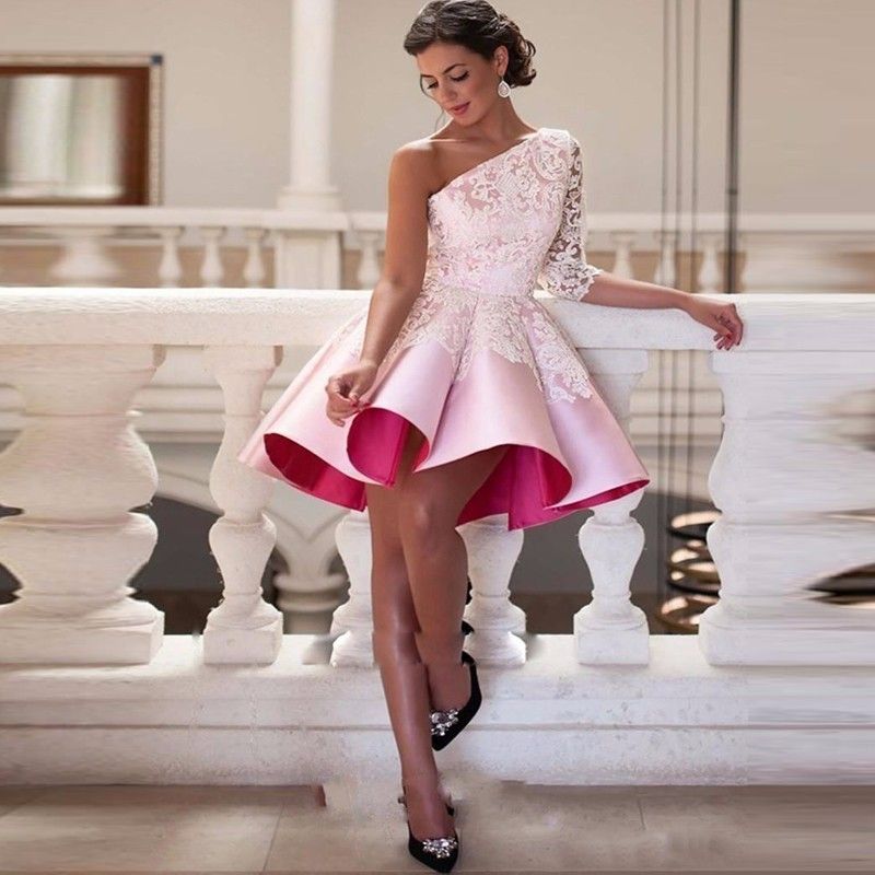 Humilde multitud Seguro Elegantes vestidos de fiesta rosa Un hombro de encaje con mangas Corto  vestido de baile Vestidos