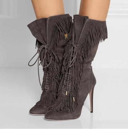 grey mid calf high heel boots