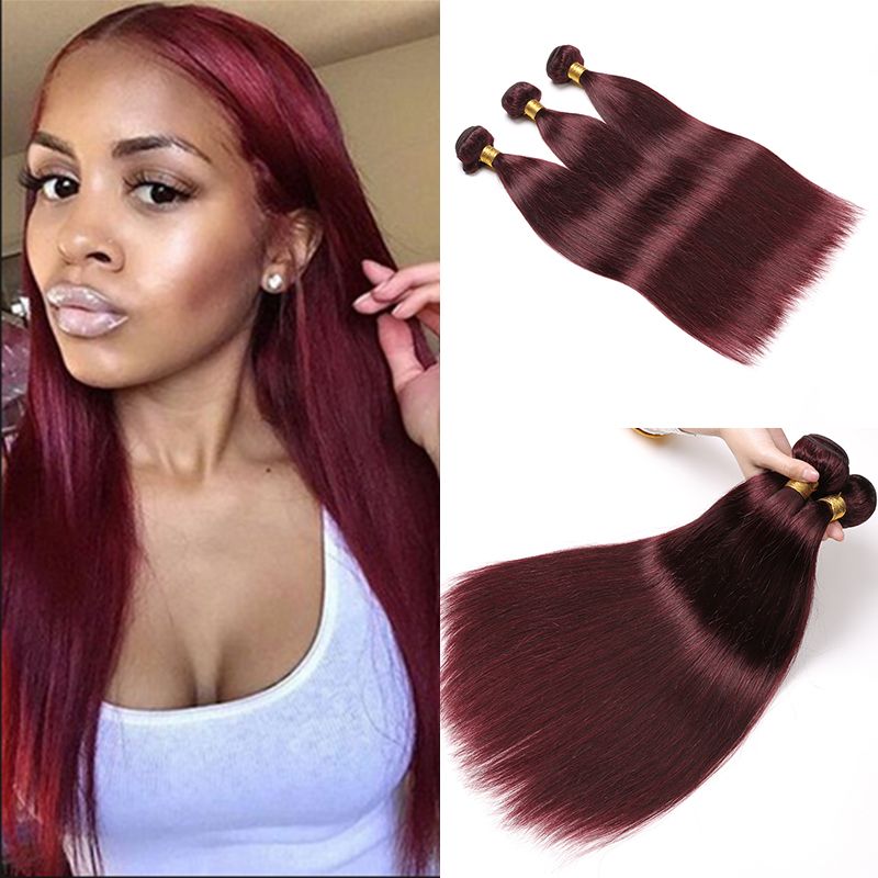 Red Weave Straight Human Hair 4 Bundles Red Wine Color 99j