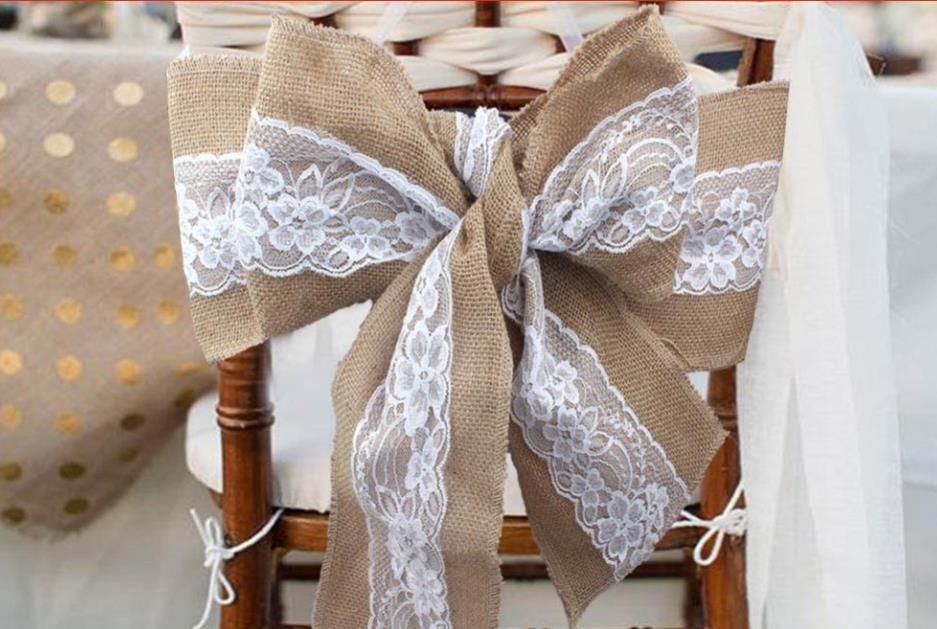 Vintage Natural Jute Hessian Burlap Lace Ribbon Rustic Wedding Chair Bow Decor