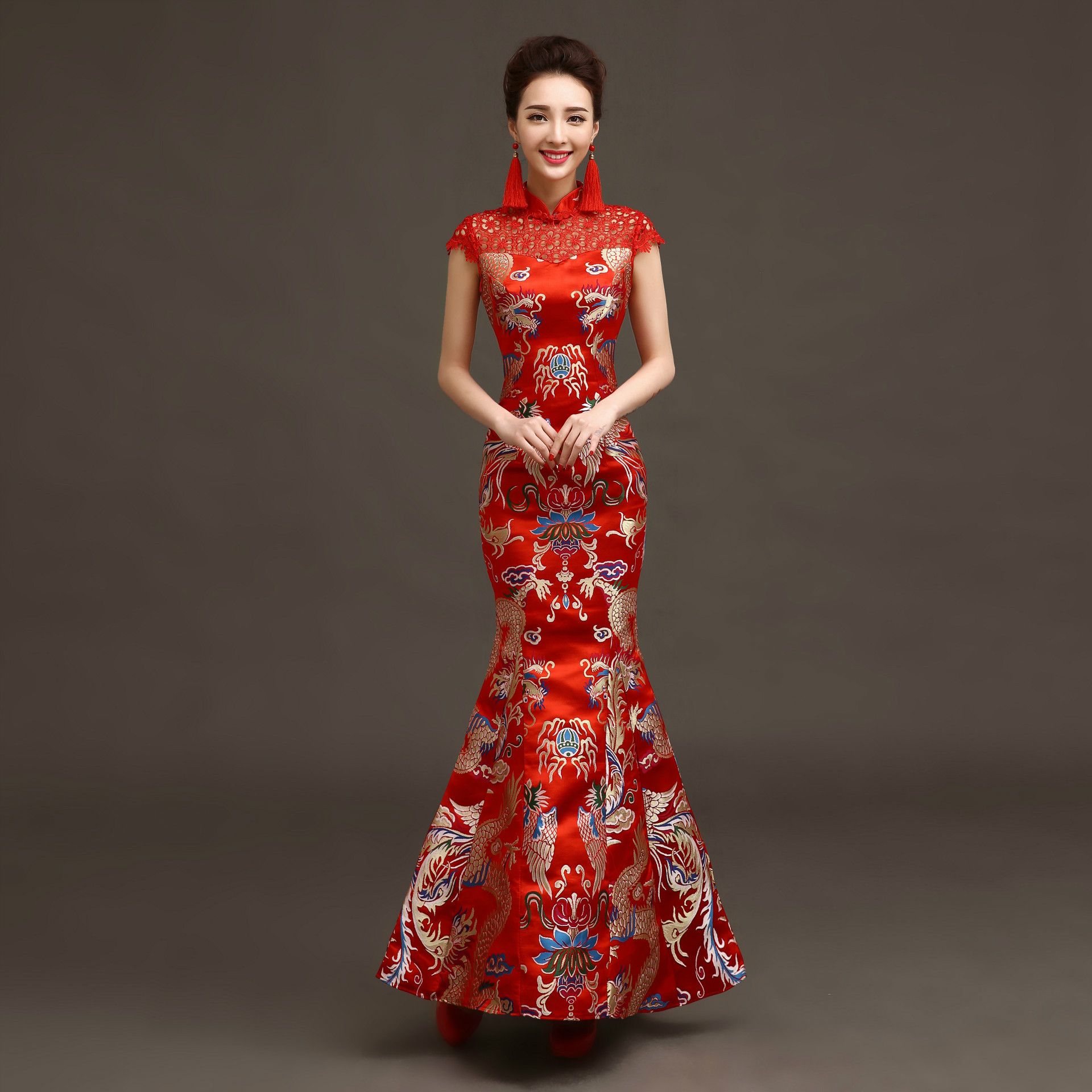 Ladies Red Dress Gown Long Sleeve Slim Formal Chinese Embroidery Wedding Dress Ladies Red Dress Gown Long Sleeve Slim Formal Chinese Embroidery Wedding Dress