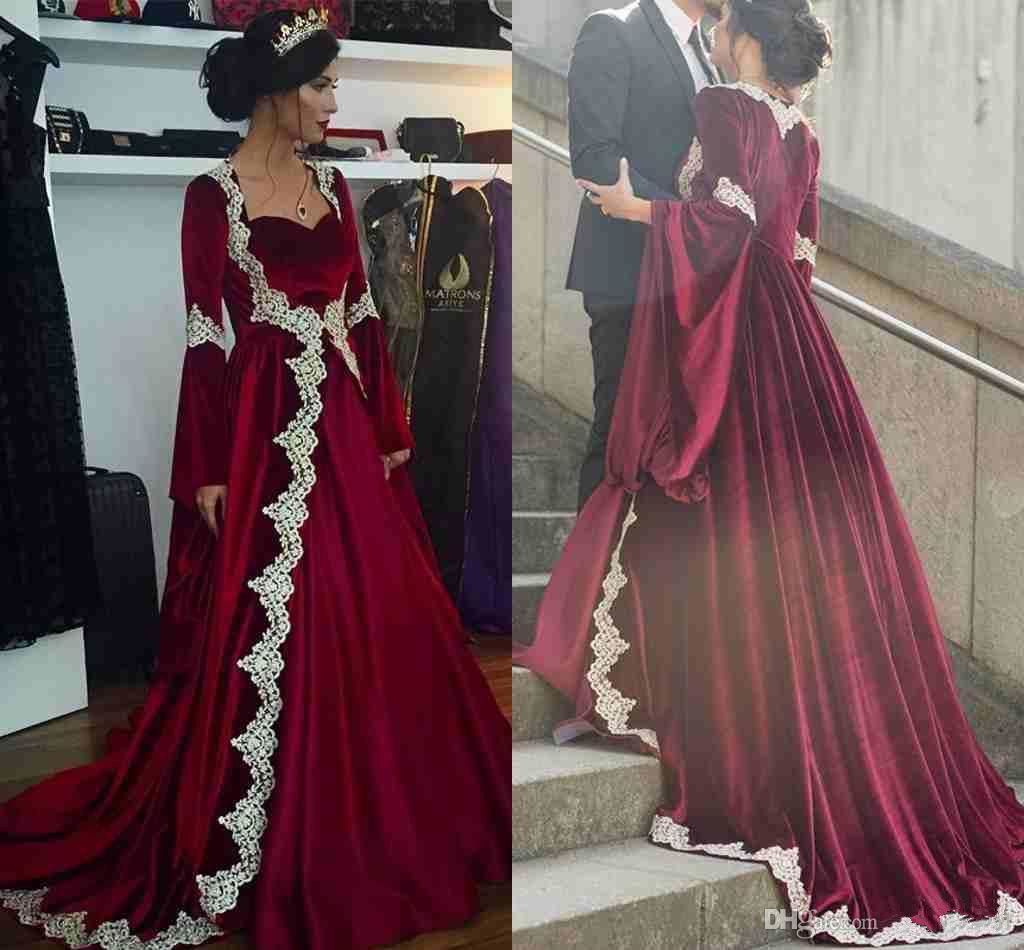 Acheter Robe De Soirée Arabe à Manches Longues Bordeaux 2018 Femmes Robe De Soirée De Bal En Dentelle Dubai Kaftan Robe De Fiançailles Robe Robes De