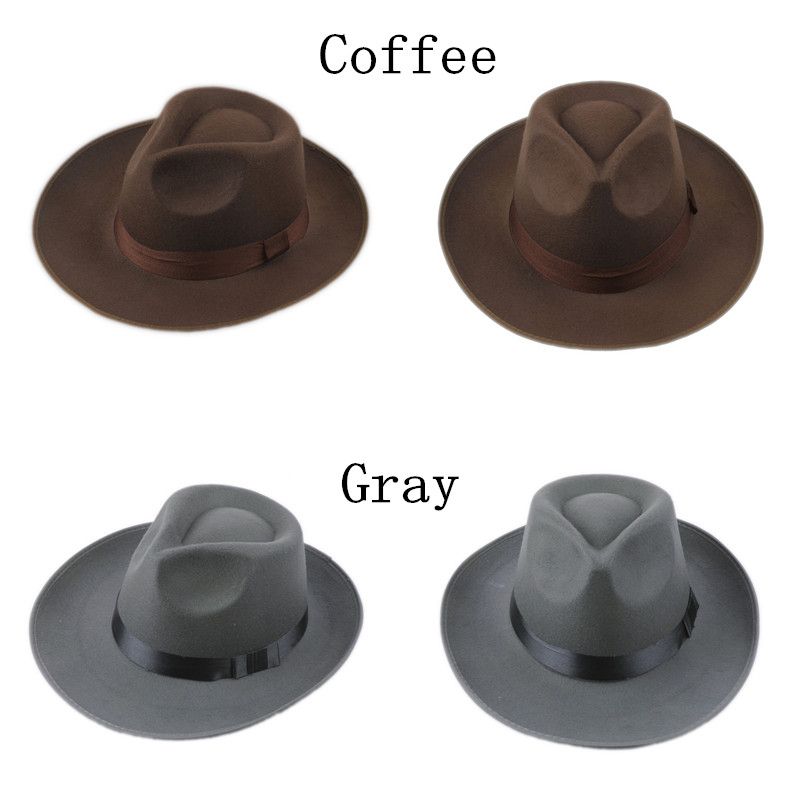  Vintage Men Women Hard Felt Hat Wide Brim Fedora Trilby Panama Hat Gangster Cap  