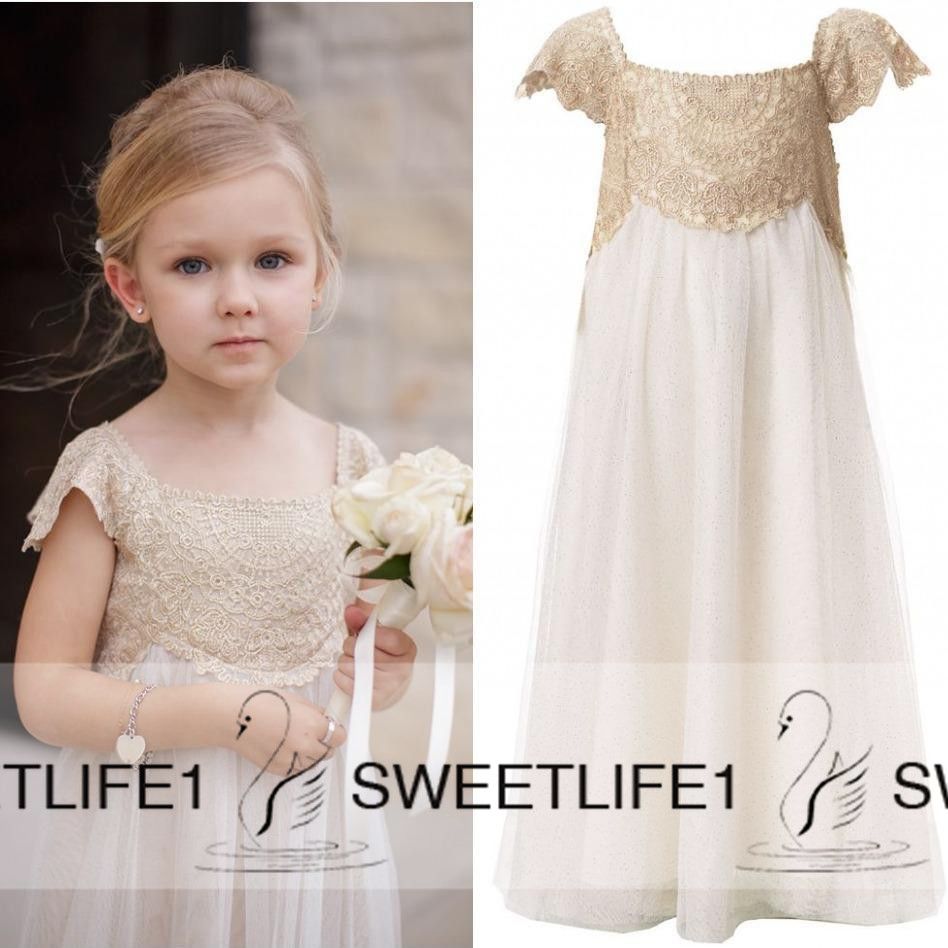 Acheter Robes Manches Courtes Fleur Filles Pour Mariage Bohème Petites Robes Bon Marché Pas Cher Taille Empire Dentelle Champagne Et Ivoire Première