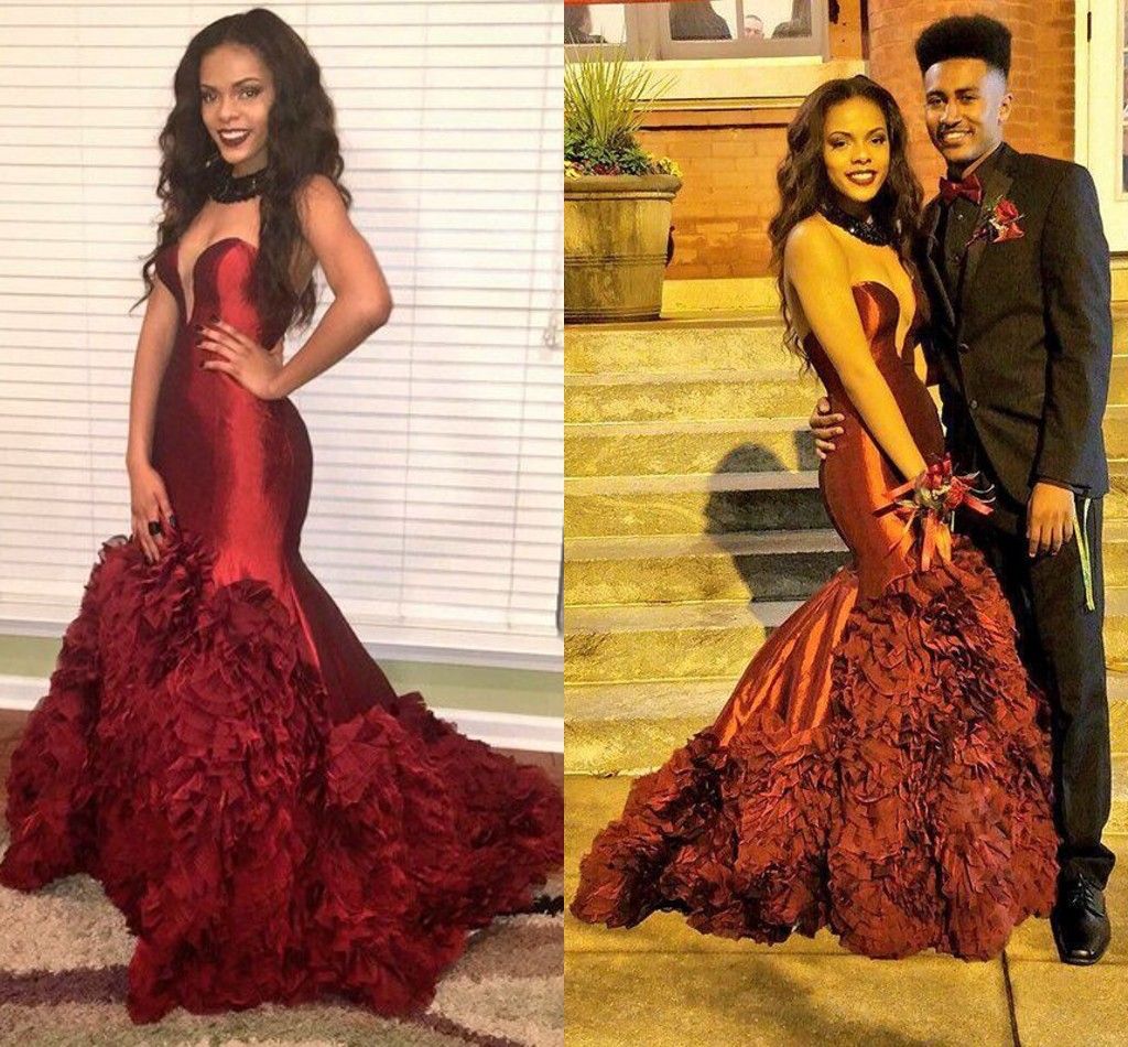 strapless maroon prom dress