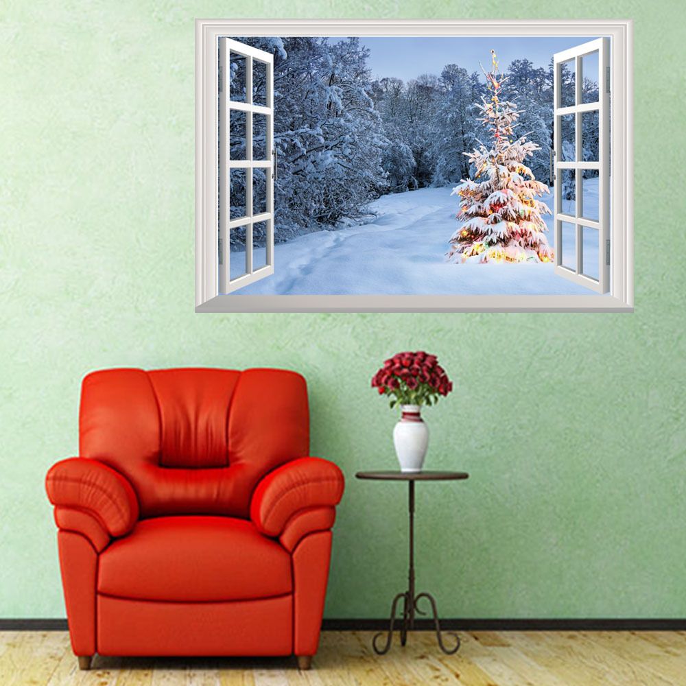 Simulazione 3D Finestra finta Adesivi murali di Natale Decorazioni per la casa Poster per camera da letto Vacanze Decorazione natalizia Arte in PVC Murale-A 