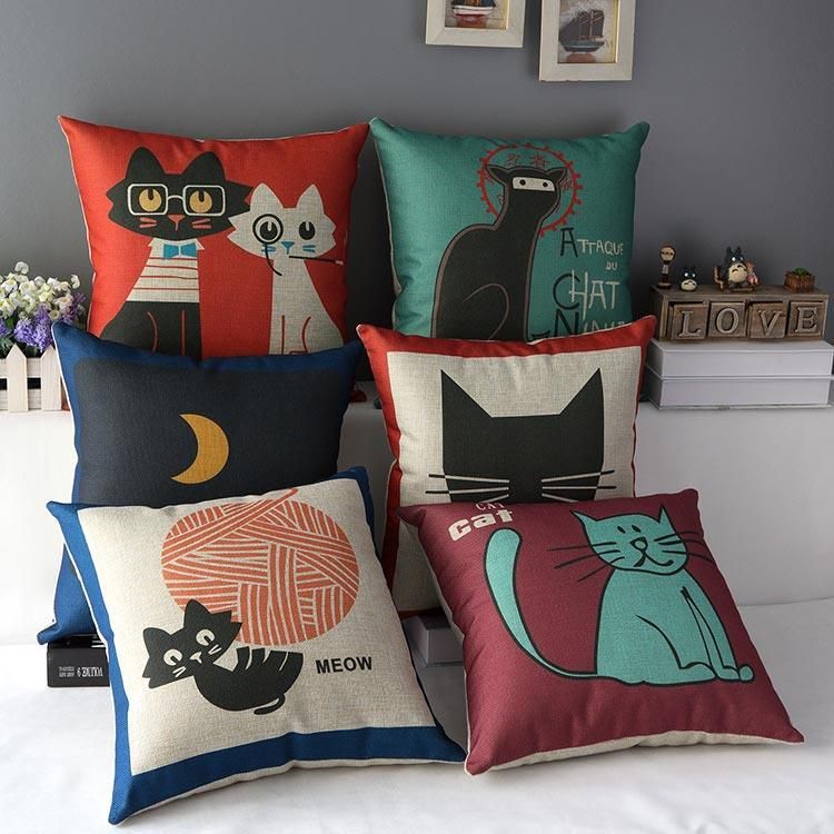 Sofa pillow45cm Cushion Cat Printed Cotton Linen Home Decorative Pillows Bedroom Decor Pillowcase