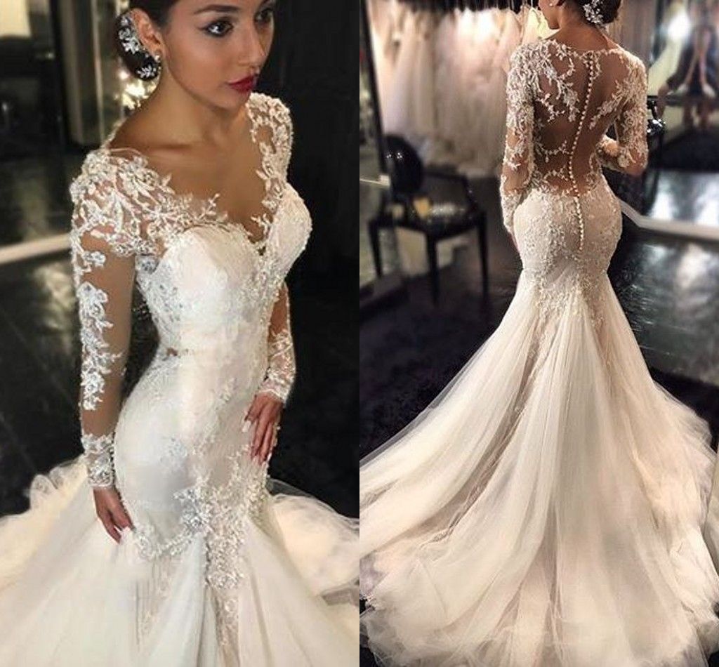 Vestido De Noiva Sereia Com Decote Nas Costas Vintage Lace Manga Longa Sereia Vestidos De Noiva 2021 Africano Vestido De Novia Botões Cobertos Com Aplicações Marfim Beach Vestidos Bridais Vestido De Noiva