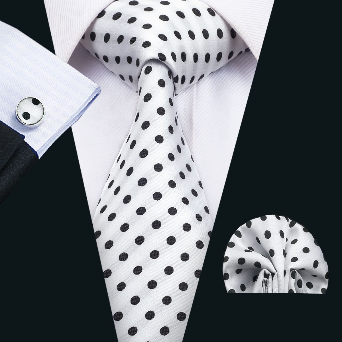 New Classic White Polka Dot Black Stripe JACQUARD WOVEN Silk Men's Tie Necktie