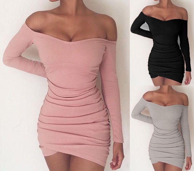 Grosshandel 3 Farbe Frauen Weg Von Der Schulter Sexy Engen Kurzen Kleid Mit Langen Armeln Von Dawn Clothing 6 16 Auf De Dhgate Com Dhgate