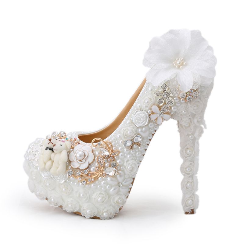 Special Design Wedding Shoes White Pearl High Heel Bride Dress