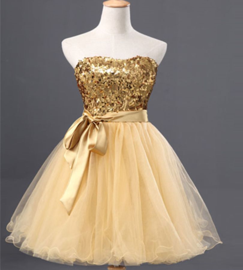 Gold Sequin Tulle Ball Gown Cocktail Dress Short 2016 New Sweetheart
