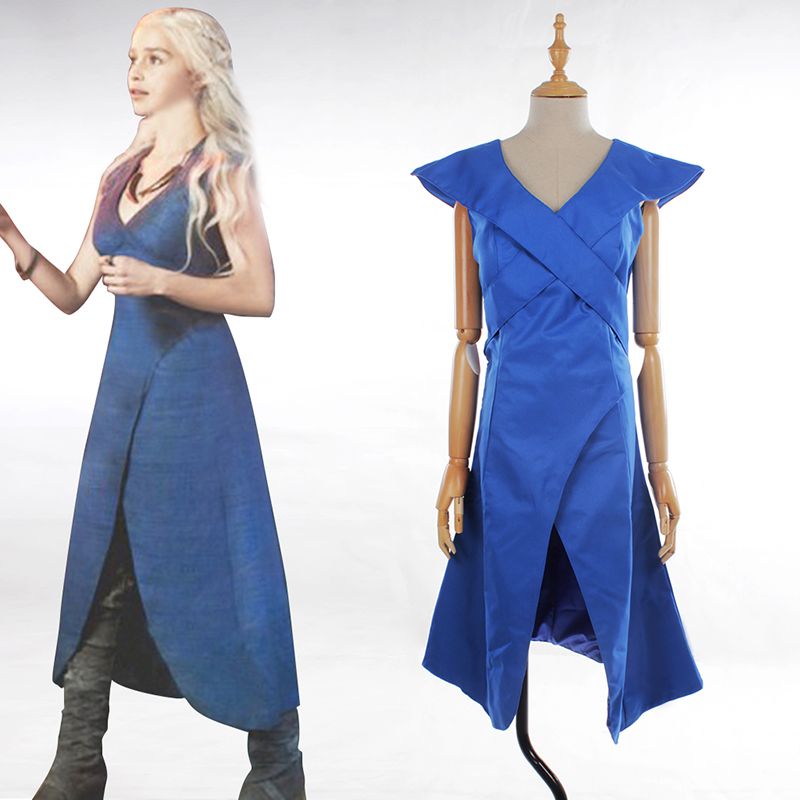Vestido de Cosplay del juego de Cosplay de Halloween de las mujeres adultas azules Daenerys Targaryen Vestido de Cosplay del juego de Cosplay de Halloween de las mujeres adultas azules Daenerys Targaryen