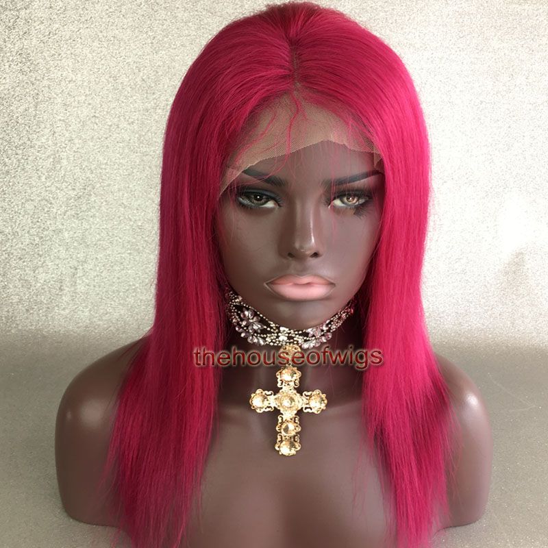 New Fashion Rose Pink Full Lace Wig Free Part Short Lace Front Human