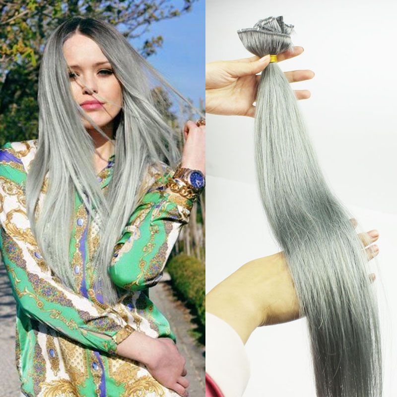 120g Brazilian Clip In Human Hair Extensions Straight Silver Grey