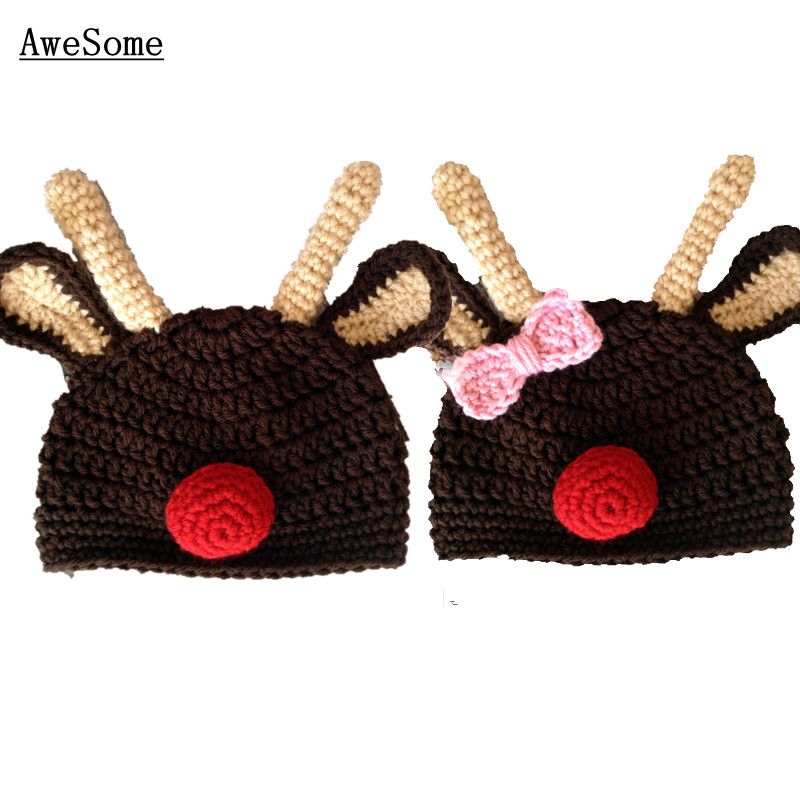 Gorros tejidos a mano de ganchillo para bebés, niños pequeños, renos  gemelos, sombrero de alce de