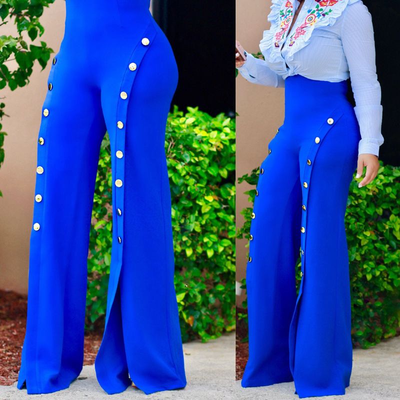 Compra Verano Nuevas Mujeres Sexy Para Mujer De Pierna Ancha Pantalones De  Palazzo De Cintura Alta Botón Bengalas Pantalones es 5 Tamaño Barato |  Entrega Rápida Y Calidad | Es.Dhgate