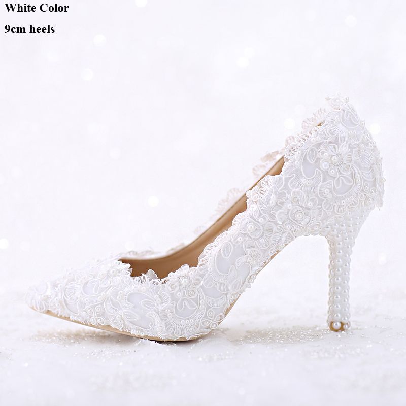 Pointed Toe White Lace And Pearl Bridal Wedding Shoes Women Thin