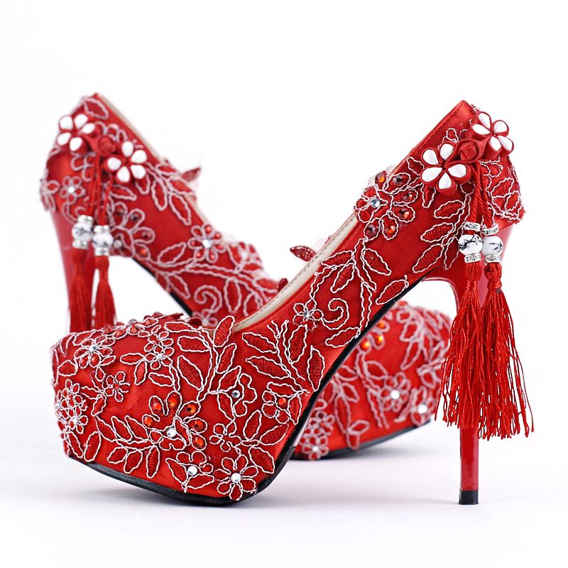 red lace wedding shoes