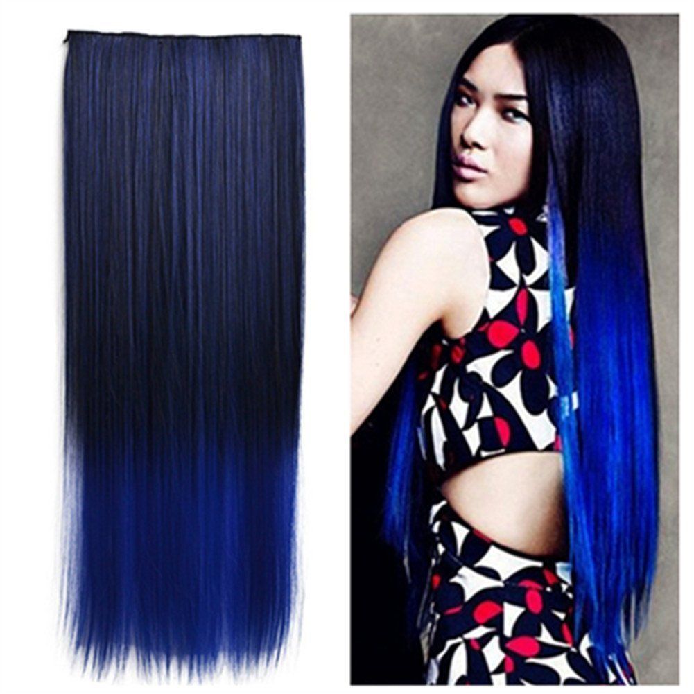 Ombre Dip-dye Color Black - Blue Clip in Straight Synthetic Thick Hair Extension 55-60cm Length for Fashion Girls Ombre Dip-dye Color Black - Blue Clip in Straight Synthetic Thick Hair Extension 55-60cm Length for Fashion Girls