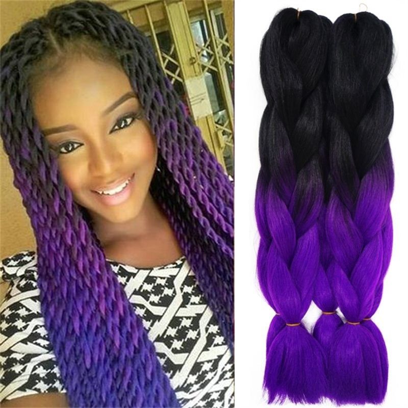 Marley Braid Hair Two Tone Purple Grey Blue Black Ombre Kanekalon