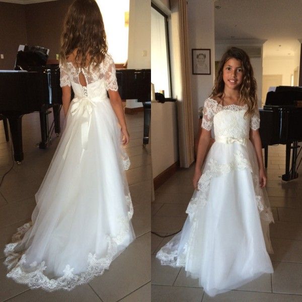 Acheter Vintage Une Ligne Des Robes De Fille De Fleur Pour La Fete De Mariage Petite Mariee Sheer Scoop Illusion Manches Courtes En Dentelle Appliques Enfants Robe Robe De Balayage De 91 96