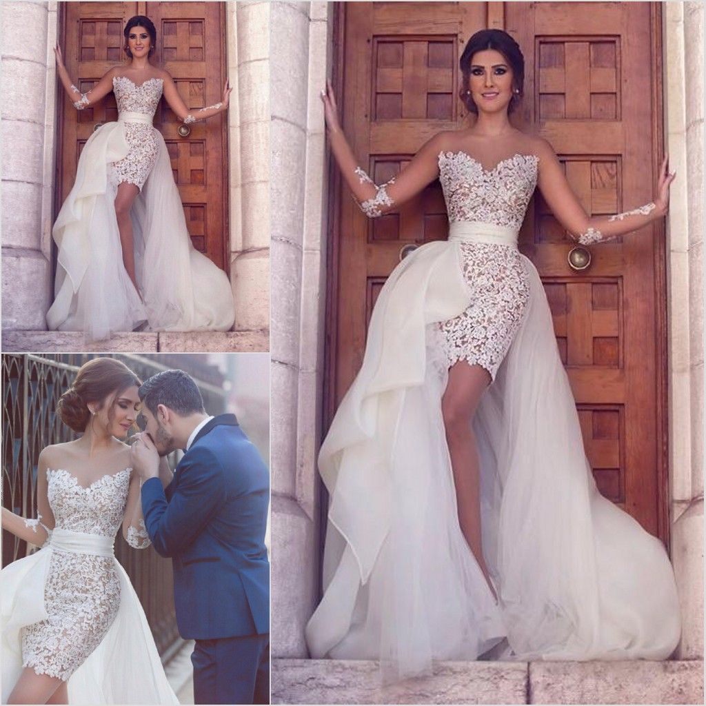 Sexy Short Lace Wedding Dresses With Detachable Train Sheer Neck Appliques  Sheath Tulle Said Mhamad Beach Wedding Dress Bridal Wedding Gowns Wedding  Dress Patterns Wedding Dress With Sleeves From Yoursexy_cute, $138.22|  DHgate.Com