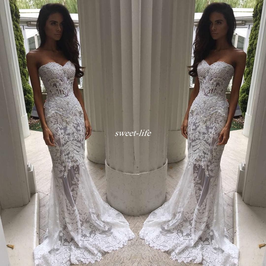 Romantic Boho White Mermaid Wedding Dresses Bridal Dress Full Lace Applique Backless Illusion Sexy Bride Gowns 2020