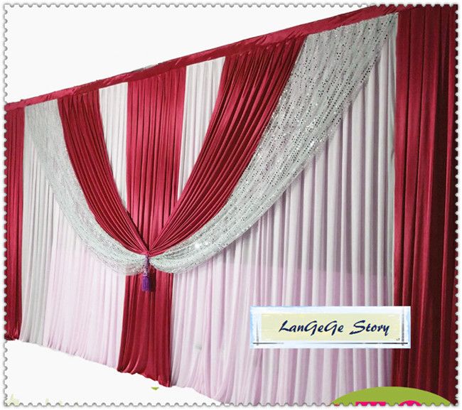 2019 White Backdrops With Sky Blue Swags And Silver Sequin Drapes