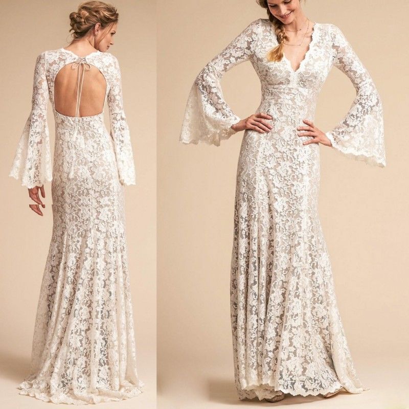 BHLDN Wedding Dresses Full Lace Appliques Long Sleeves Sexy Hollow Back ...