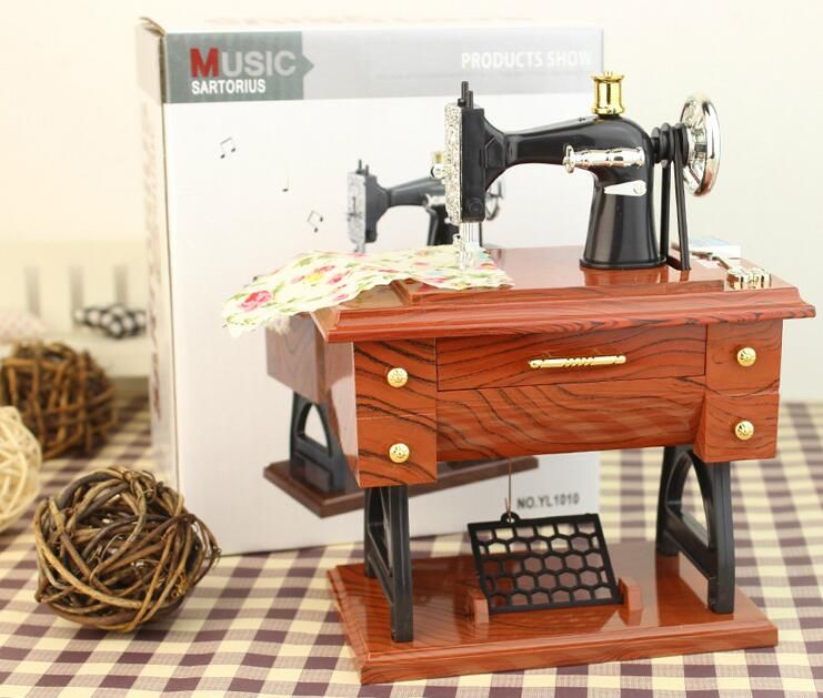 Music Box Mini Vintage Sewing Machine Style Birthday Gift Table Desk Decor Wood