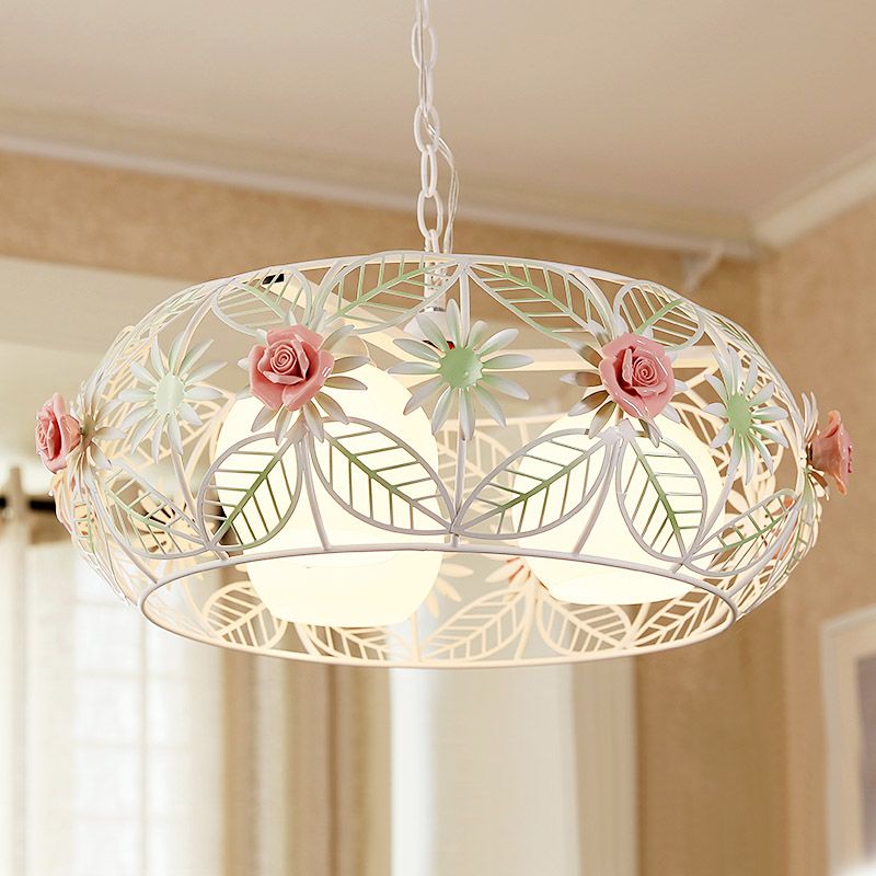 Country Rustic Dining Room Ceiling Pendant Lamp Metal Cage Pink Ceramic Rose Balcony Hang Lamp Bar Counter Bedroom Hanging Lighting Fixtures Pendant