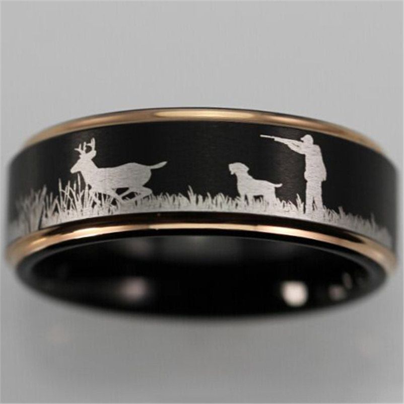 Shardon Deer Hunting Scene Ring Black With Rose Gold Step Tungsten