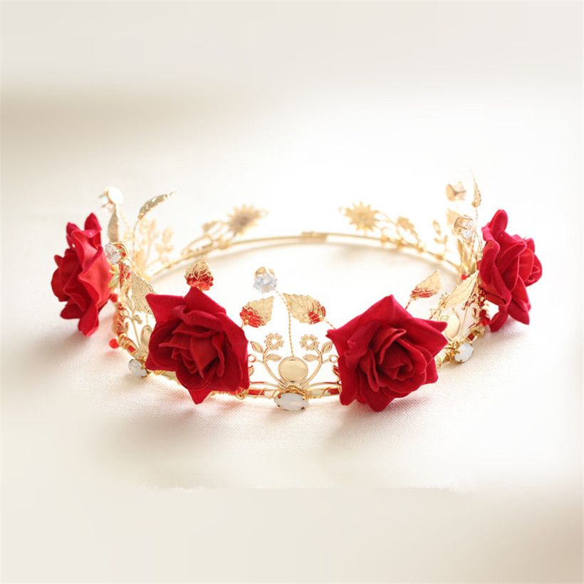 Vintage Wedding Bridal Floral Crown Flower Headband Red Rose Crown Tiara Leaf Headpiece Princess