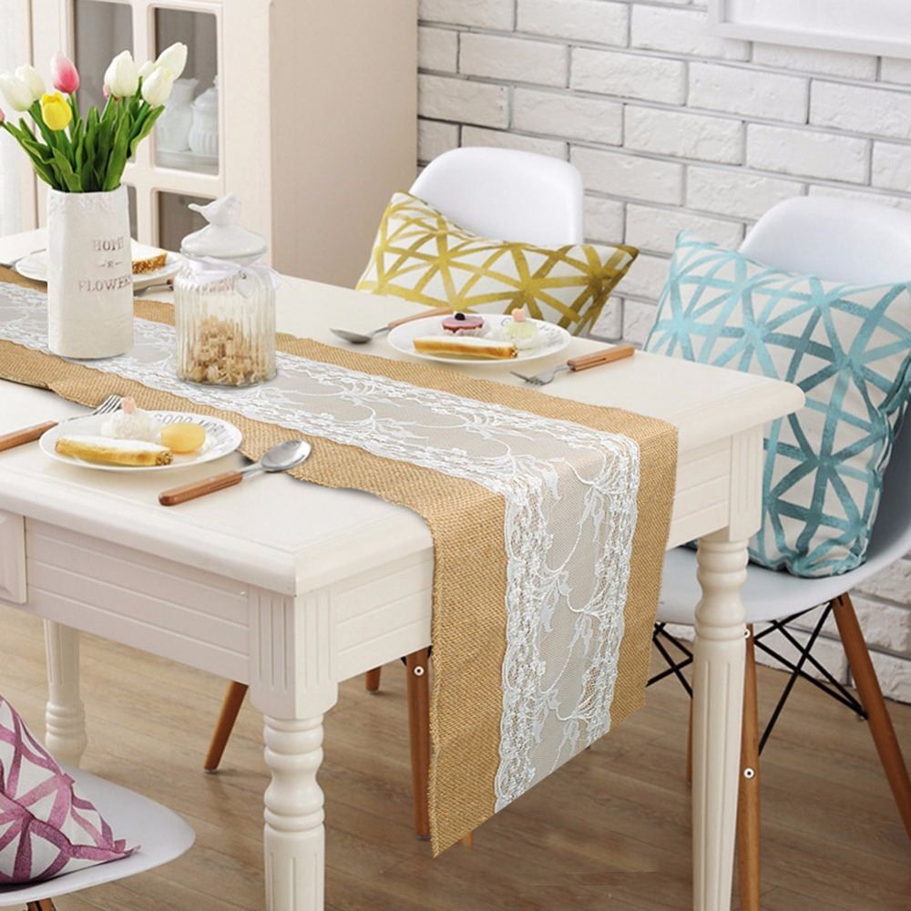 30*180 cm 1 pcs Venkaite Runner da Tavola Tela di Juta con Pizzo Tavolo Table Runner per casa matrimonio Natale Festival Decorazione 
