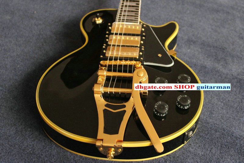 Custom Black Electric Guitar 3 Pickups With Tremolo System Yellow