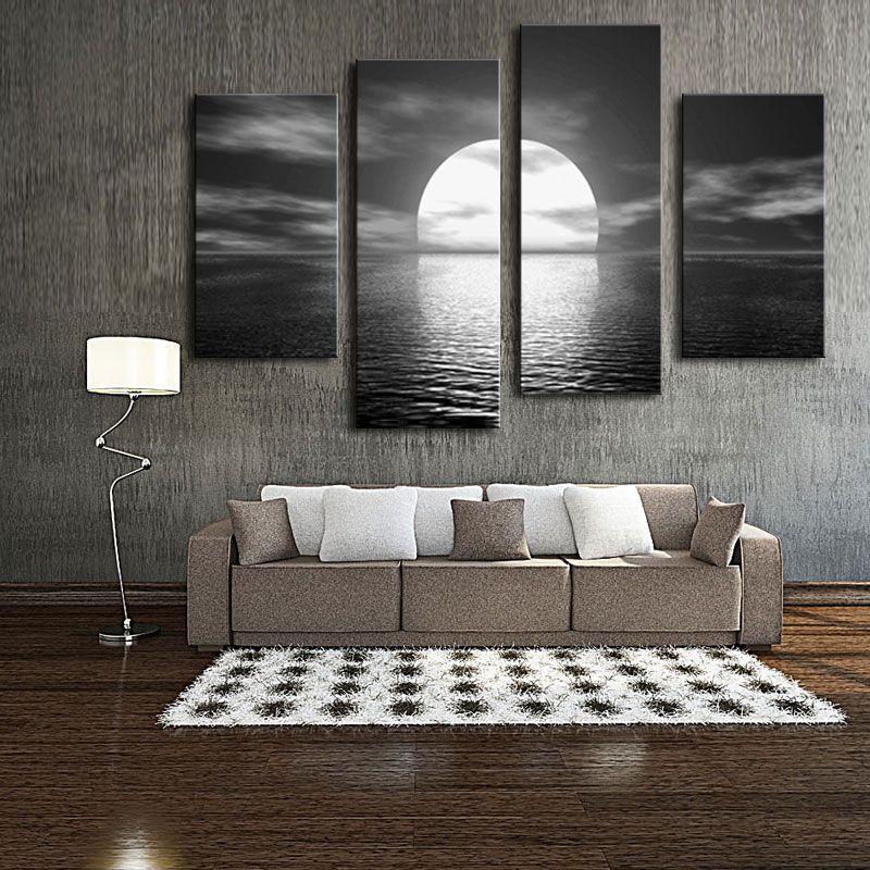 2019 4 Panels Bright Moon Painting Black White Seascape Picture Print On Canvas With Wooden Framed Ready To Hang Wall Art For Modern Home Decor From